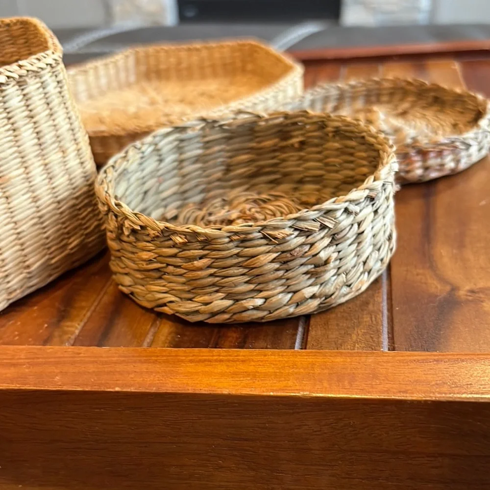 Vintage Sweetgrass Hexagon and Round Woven Basket Set